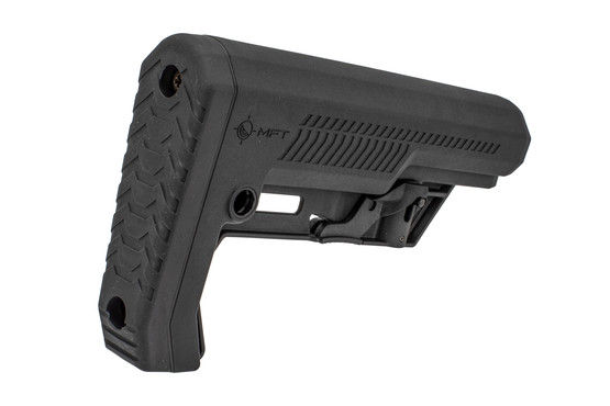 The Mission First Tactical Extreme Duty Minimalist Carbine Stock features an angled rubber buttpad